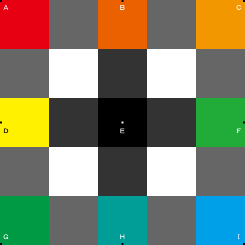 それぞれの頂点と中点、正方形の中心に点を打ち、名前を付ける
